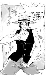 Rule 34 | 1boy, araki hirohiko (style), artist request, bare shoulders, black hair, buttons, comic, cowboy shot, crossover, derivative work, english text, giorno giovanna, giorno giovanna&#039;s pose (jojo), greyscale, hard-translated, hat, jojo no kimyou na bouken, jojo pose, looking at viewer, male focus, comic panel redraw, monkey d. luffy, monochrome, one piece, pants, parody, scar, shirt, short hair, shorts, sketch, sleeveless, solo, source request, speech bubble, spread legs, straw hat, style parody, talking, third-party edit, toned, translated, undressing, vento aureo
