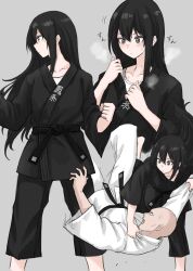 Rule 34 | 1boy, 1girl, bald, black hair, black pants, black robe, blush, breath, clenched hands, closed mouth, collarbone, dot nose, dougi, expressionless, feet out of frame, fuku (fuku12290574), grey background, hair between eyes, highres, layered clothes, long hair, long sleeves, looking at another, martial arts, martial arts belt, motion lines, multiple views, original, pants, profile, robe, shirt, sidelocks, simple background, straight hair, sweat, white robe, white shirt