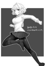Rule 34 | 1girl, arcueid brunestud, boots, breasts, closed mouth, commentary request, from side, greyscale, highres, jumping, knee boots, large breasts, long sleeves, looking at viewer, miniskirt, miso dengaku (donadonaton), monochrome, pantyhose, pleated skirt, short hair, skirt, smile, solo, sweater, translation request, tsukihime, tsukihime (remake), turtleneck, turtleneck sweater