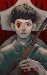 Rule 34 | 1boy, black eyes, black hair, blood, blood on clothes, blood on face, blood on hands, blood on neck, closed mouth, commentary, english commentary, fear &amp; hunger, fear &amp; hunger 2: termina, green jumpsuit, gun, hand up, heterochromia, highres, holding, holding gun, holding weapon, jumpsuit, levi (fear &amp; hunger), looking at viewer, male focus, red background, red eyes, rifle, short hair, solo, spoilers, upper body, weapon, zizonsniper