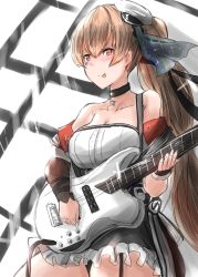 Rule 34 | 1girl, alternate costume, alternate hairstyle, beret, black gloves, black skirt, breasts, brown eyes, choker, cleavage, commentary request, cowboy shot, electric guitar, fingerless gloves, frilled skirt, frills, gloves, guitar, hat, highres, instrument, johnston (kancolle), kamaboko senshi, kantai collection, light brown hair, long hair, medium breasts, off shoulder, pleated skirt, side ponytail, single glove, skirt, solo, standing, tongue, tongue out, white hat