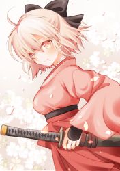 Rule 34 | 1girl, ahoge, black bow, blonde hair, bow, commentary request, fate (series), floral print, hair bow, highres, holding, japanese clothes, katana, kimono, koha-ace, looking at viewer, okita souji (fate), okita souji (koha-ace), petals, pink kimono, sash, scabbard, sheath, sheepd, short hair, smile, solo, sword, weapon, wide sleeves, yellow eyes