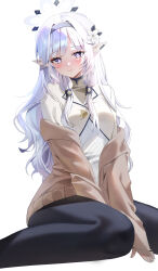 Rule 34 | 1girl, absurdres, bad id, bad pixiv id, black pants, blue archive, blush, breasts, bright pupils, brown cardigan, cardigan, educk, feet out of frame, flower, grey hair, hair flower, hair ornament, hair tubes, halo, highres, himari (blue archive), long hair, looking at viewer, mole, mole under eye, pants, pointy ears, purple eyes, shirt, simple background, sitting, small breasts, smile, solo, very long hair, wariza, white background, white shirt, yoga pants