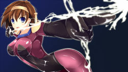 Rule 34 | 1girl, bad id, bad pixiv id, blue background, blue eyes, blush, bodysuit, bow (weapon), breasts, brown hair, earrings, electricity, g gundam, gundam, hairband, jewelry, mobile trace suit, rain mikamura, short hair, skin tight, solo, weapon, youkan (mattya youkan)