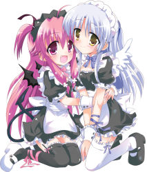 Rule 34 | 10s, 2girls, ahoge, angel beats!, angel wings, apron, bad id, bad pixiv id, black thighhighs, blush, demon wings, fang, highres, hizuki yayoi, hug, kneeling, long hair, maid, maid apron, maid headdress, multiple girls, open mouth, pink eyes, pink hair, silver hair, smile, tail, tenshi (angel beats!), thighhighs, twintails, two side up, white thighhighs, wings, yellow eyes, yui (angel beats!)