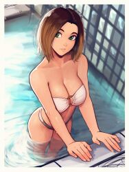 Rule 34 | 1girl, absurdres, artist name, bikini, breasts, brown hair, cleavage, collarbone, commentary, english commentary, green eyes, highres, indoors, large breasts, looking at viewer, medium hair, navel, o-ring, o-ring bikini, original, parted lips, partially submerged, pool, raichiyo33, smile, solo, strapless, strapless bikini, swimsuit, wet, white bikini