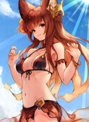 Rule 34 | 1girl, animal ears, anthuria, bad id, bad pixiv id, bangle, bare shoulders, bikini, black bikini, blue sky, bracelet, braid, breasts, breasts apart, choker, closed mouth, cloud, collarbone, cowboy shot, day, erune, french braid, front-tie bikini top, front-tie top, gradient hair, granblue fantasy, groin, hair ornament, halterneck, hands up, highres, jewelry, koretsuki azuma, light rays, long hair, looking at viewer, medium breasts, multicolored hair, navel, outdoors, red eyes, red hair, sarong, sky, solo, standing, stomach, sun, sunbeam, sunlight, swimsuit