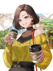 Rule 34 | 1girl, bare shoulders, black skirt, blouse, breasts, brown eyes, brown hair, brown nails, coffee cup, commentary request, cup, disposable cup, earrings, forehead, grin, highres, holding, holding cup, jewelry, looking at viewer, medium breasts, nail polish, off-shoulder shirt, off shoulder, okuma mai, original, shirt, short hair, skirt, smile, solo, thick eyebrows, yellow shirt