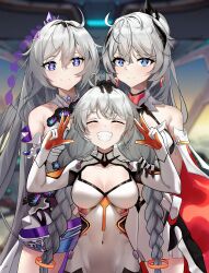 Rule 34 | 18301639225, 3girls, absurdres, ahoge, bare shoulders, black flower, blue eyes, blurry, blurry background, bodysuit, braid, breasts, bright pupils, closed eyes, closed mouth, collarbone, covered navel, double w, dress, flower, grey hair, grin, hair between eyes, hand on another&#039;s head, high ponytail, highres, honkai (series), honkai impact 3rd, kiana kaslana, kiana kaslana (herrscher of finality), kiana kaslana (herrscher of flamescion), kiana kaslana (white comet), large breasts, long hair, looking at viewer, multiple girls, multiple persona, smile, twin braids, twintails, very long hair, w, white bodysuit, white dress, white pupils
