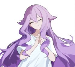 Rule 34 | 1girl, :3, artist request, chinese commentary, closed eyes, closed mouth, collarbone, facing viewer, hair between eyes, head tilt, honkai (series), honkai impact 3rd, long hair, own hands together, purple hair, shirt, short sleeves, simple background, sirin, smile, upper body, very long hair, white background, white shirt