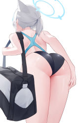 Rule 34 | 1girl, 200f (nifu), absurdres, animal ears, ass, ass focus, back, bag, bare shoulders, black bag, blue archive, duplicate, extra ears, from behind, grey hair, hair ornament, halo, highres, holding, holding bag, pixel-perfect duplicate, ponytail, shiny skin, shiroko (blue archive), shiroko (swimsuit) (blue archive), short ponytail, simple background, solo, thighs, white background