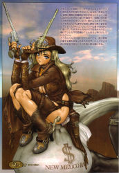 Rule 34 | 1girl, blonde hair, blue eyes, boots, breasts, cowboy hat, cowboy western, dual wielding, fringe trim, gun, handgun, hat, highres, holding, horse, juliona trans, juriona trans, large breasts, long hair, looking at viewer, looking back, moneybag, revolver, shiny skin, shirou masamune, solo, weapon, wild wet west