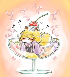 Rule 34 | 1girl, :&gt;, aged down, animal ears, blonde hair, cherry, child, closed eyes, cushion, dress, food, food on head, fox ears, fox tail, frilled dress, frills, fruit, fruit on head, glass, komaku juushoku, multiple tails, object on head, smile, solo, tabard, tail, touhou, two tails, whipped cream, white dress, wide sleeves, yakumo ran