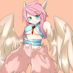 Rule 34 | 1girl, blue eyes, blush, breasts, earrings, feathered wings, hair ornament, harpy, reina (mon-musu quest!), jewelry, mon-musu quest!, monster girl, pink background, pink hair, remiria27, sidelocks, simple background, smile, solo, underboob, winged arms, wings