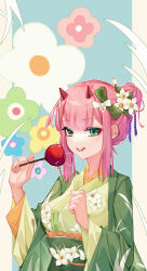 Rule 34 | 1girl, absurdres, alternate costume, candy apple, commentary request, darling in the franxx, eating, floral print, food, green eyes, green kimono, green ribbon, hair bun, hair ribbon, hand up, highres, holding, holding food, horns, japanese clothes, kimono, long sleeves, looking to the side, obi, open mouth, pink hair, print kimono, red horns, ribbon, saliva, sash, short hair, sidelocks, single hair bun, smile, solo, suyujiu u, upper body, wide sleeves, zero two (darling in the franxx)