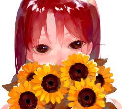 Rule 34 | 1girl, covered mouth, flower, kotatiyu, looking at viewer, original, red eyes, red hair, sanpaku, simple background, solo, sunflower, white background, yellow flower