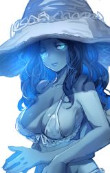 Rule 34 | 1girl, alternate breast size, blue eyes, blue hair, blue skin, blue theme, bow (bhp), breasts, cleavage, closed mouth, colored skin, elden ring, extra arms, hat, large breasts, long hair, looking at viewer, one eye closed, own hands together, ranni the witch, simple background, solo, upper body, white background, witch hat