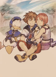 Rule 34 | 1girl, brown eyes, brown hair, closed mouth, commentary request, donald duck, fingerless gloves, gloves, jewelry, kairi (kingdom hearts), kingdom hearts, kingdom hearts i, maeka (kumaekake), multiple boys, necklace, open mouth, red hair, short hair, smile, sora (kingdom hearts), spiked hair