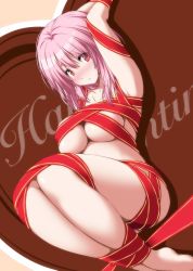 Rule 34 | 1girl, armpits, arms up, bdsm, blush, bondage, bound, bound ankles, bound wrists, breasts, candy, chocolate, chocolate heart, food, happy valentine, heart, highres, large breasts, looking at viewer, naked ribbon, nori tamago, pink hair, red eyes, ribbon, saigyouji yuyuko, solo, touhou