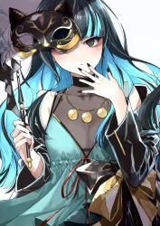 Rule 34 | 1girl, bare shoulders, black hair, black jacket, blue hair, blush, breasts, colored inner hair, dress, eyeliner, fate/grand order, fate (series), green dress, grey eyes, highres, jacket, jewelry, kino kokko, long hair, long sleeves, looking at viewer, makeup, mask, multicolored hair, necklace, off shoulder, open clothes, open jacket, sidelocks, small breasts, solo, tenochtitlan (fate), wavy hair
