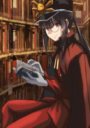 Rule 34 | 1boy, black hair, book, bookshelf, cape, fate/grand order, fate (series), glasses, gloves, hat, highres, holding, holding book, ksfactory, library, long hair, looking at viewer, military, military hat, military uniform, oda nobukatsu (fate), open book, ponytail, red cape, red eyes, round eyewear, sitting, smile, uniform, white gloves