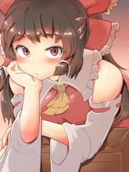 Rule 34 | 1girl, ascot, bad id, bad pixiv id, blush, bow, breasts, brown hair, detached sleeves, hair bow, hair tubes, hakurei reimu, hekiga (freelot), highres, long hair, looking at viewer, red bow, red eyes, solo, touhou, yellow ascot