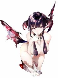 Rule 34 | 1girl, bad id, bad pixiv id, bare shoulders, black hair, breasts, cleavage, demon girl, demon horns, eyebrows, finger to mouth, halterneck, high heels, highres, horns, large breasts, mole, mole on breast, original, red eyes, shunsei (muratou), sidelocks, simple background, solo, thighhighs, white background, wings, wrist cuffs