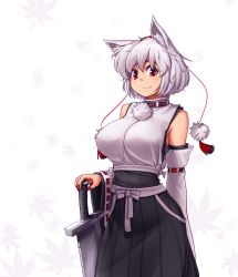 Rule 34 | 1girl, animal ears, bare shoulders, breasts, collar, cowboy shot, detached sleeves, fingernails, hakama, hakama skirt, hand on hilt, hater (hatater), highres, inubashiri momiji, japanese clothes, large breasts, leaf, light smile, long fingernails, looking at viewer, maple leaf, nail polish, pleated skirt, pom pom (clothes), red eyes, red nails, ribbon-trimmed sleeves, ribbon trim, short hair, simple background, skirt, solo, sword, touhou, weapon, white hair, wide sleeves, wolf ears