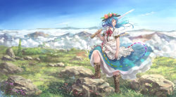 Rule 34 | 1girl, arm at side, arm up, black hat, blue hair, blue skirt, blue sky, boots, brown footwear, carrying over shoulder, cloud, commentary request, cross-laced footwear, day, dress, expressionless, food, fruit, grass, hair blowing, hat, highres, hinanawi tenshi, holding, holding sword, holding weapon, knees up, layered dress, leaf, long hair, looking back, looking to the side, mountainous horizon, nagi (xx001122), neck ribbon, outdoors, peach, petticoat, puffy short sleeves, puffy sleeves, red eyes, red ribbon, ribbon, rock, scenery, short sleeves, skirt, sky, solo, standing, standing on object, sword, touhou, very long hair, weapon, wide shot, wind, wind lift