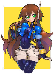 Rule 34 | 1girl, aile (mega man zx), blush, bodystocking, bodysuit, bracelet, breasts, brown hair, covered navel, cropped jacket, dakusuta, facing viewer, gloves, green eyes, hair between eyes, hair down, hand in own hair, highres, jewelry, layered sleeves, long hair, long sleeves, looking at viewer, mega man (series), mega man zx, mega man zx advent, pantyhose, pantyhose under shorts, puffy short sleeves, puffy sleeves, robot ears, short over long sleeves, short sleeves, shorts, simple background, skin tight, smile, solo, spandex, yellow background