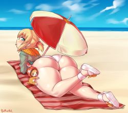 Rule 34 | 1girl, ass, bare legs, beach, beach towel, beach umbrella, blonde hair, blush, borvar, commission, green eyes, highres, huge ass, looking at viewer, looking back, md5 mismatch, original, panties, resolution mismatch, sandals, short hair, smile, solo, source larger, thick thighs, thighs, tongue, tongue out, towel, umbrella, underwear, wedgie, white panties
