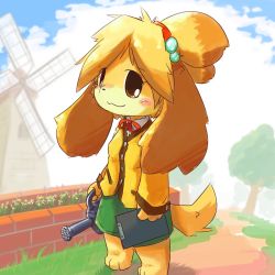 Rule 34 | 1girl, :3, animal crossing, animal ears, animal hands, barefoot, blonde hair, blue sky, blush, brown eyes, buro (block), clipboard, closed mouth, cloud, day, dog ears, dog girl, dog tail, female focus, flat chest, full body, furry, furry female, grass, green skirt, hair bobbles, hair ornament, hair tie, happy, holding, isabelle (animal crossing), jacket, long sleeves, looking at viewer, neck ribbon, nintendo, outdoors, pencil skirt, red ribbon, ribbon, shirt, short hair, skirt, sky, smile, solo, standing, tail, topknot, tree, watering can, white shirt, windmill, yellow jacket