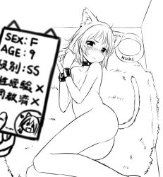 Rule 34 | 1girl, animal ears, blush, cat ears, cat tail, flat chest, greyscale, lineart, looking at viewer, lying, monochrome, nude, on side, pov, restrained, short hair, tail, tears, translation request, zaxwu
