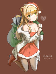 Rule 34 | 1girl, artist name, bag, bare shoulders, belt, black pantyhose, blonde hair, boots, bow, bowtie, breasts, choker, cleavage, closed mouth, coat, collarbone, dated, dress, full body, girls&#039; frontline, green eyes, hair bow, hat, highres, holding, holding bag, long hair, looking at viewer, medium breasts, off-shoulder dress, off shoulder, open clothes, open coat, pantyhose, red background, red bow, red choker, red dress, red footwear, red hat, rfb (girls&#039; frontline), sakatakin, santa dress, santa hat, sitting, smile, solo, white coat