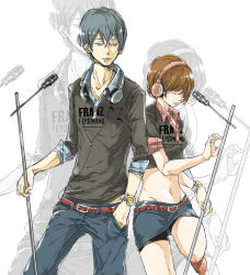 Rule 34 | 1boy, 1girl, bad id, bad pixiv id, blue hair, brown hair, cable, casual, clothes writing, couple, frown, hair over one eye, hetero, kaito (vocaloid), meiko (vocaloid), microphone, microphone stand, microskirt, miniskirt, music, one eye covered, pants, pencil skirt, short hair, singing, skirt, sleeves rolled up, standing, standing on one leg, stomach, vocaloid, white background, yuzuko
