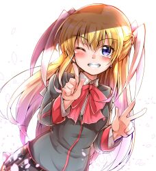 Rule 34 | 1girl, black jacket, blonde hair, blue eyes, blush, bow, commentary request, cowboy shot, dutch angle, eyelashes, eyes visible through hair, grey skirt, grin, hair between eyes, hair ribbon, hands up, highres, index finger raised, jacket, little busters!, long hair, long sleeves, looking at viewer, miniskirt, one eye closed, pink bow, pleated skirt, ribbon, school uniform, shinonome mozuku, sidelocks, simple background, skirt, smile, solo, standing, straight-on, tokido saya, two side up, very long hair, w, white background, white ribbon