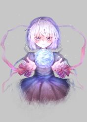 Rule 34 | 1girl, absurdres, arm ribbon, black dress, blurry, blush, bob cut, bow, closed mouth, commentary, cropped torso, depth of field, dress, earth (planet), eyes visible through hair, grey background, grey hair, hair between eyes, hands up, highres, ikumi (1 9 3), kagari (rewrite), long ribbon, looking at viewer, open hands, planet, puffy short sleeves, puffy sleeves, purple eyes, red bow, red ribbon, rewrite, ribbon, short hair, short sleeves, simple background, smile, solo, straight-on, wrist bow