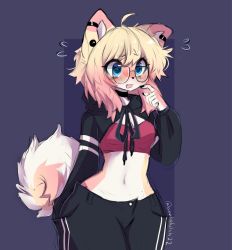 Rule 34 | 1girl, anakoluth, animal ears, blonde hair, blue eyes, crop top, dog ears, dog girl, dog tail, flying sweatdrops, furry, furry female, glasses, highres, looking away, messy hair, navel, original, parted lips, short hair, solo, tail, twitter username