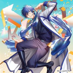Rule 34 | 1boy, adjusting scarf, anniversary, arm up, arrow (symbol), belt, bespectacled, black footwear, blue eyes, blue hair, blue nails, blue pants, blue scarf, blue shirt, boots, character name, coat, commentary, crypton future media, glasses, grin, kaito (vocaloid), kaito (vocaloid3), knee boots, kyo zip, looking at viewer, male focus, nail polish, pants, scarf, see-through, shirt, smile, solo, vocaloid, white coat