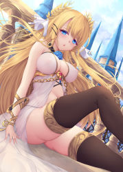 Rule 34 | 1girl, :o, against railing, arm at side, azur lane, babydoll, balcony, bare shoulders, black thighhighs, blonde hair, blue eyes, blue flower, blue rose, blue sky, blush, breasts, building, cleavage, colored eyelashes, day, dutch angle, feet out of frame, flower, gem, hair ornament, hairclip, half-closed eyes, highres, knee up, large breasts, long hair, looking at viewer, navel, open mouth, outdoors, railing, ribbon, rose, see-through, shiro usagi, sitting, sky, solo, thighhighs, thighs, underbust, very long hair, victorious (azur lane), wrist ribbon, yellow ribbon