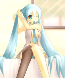 Rule 34 | 1girl, aqua hair, asymmetrical clothes, black thighhighs, hairdressing, hatsune miku, long hair, mouth hold, open clothes, open shirt, panties, shirt, single thighhigh, solo, thighhighs, twintails, underwear, very long hair, vocaloid