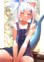 Rule 34 | 1girl, absurdres, animal ear fluff, animal ears, bare arms, blue hair, blue shorts, blunt bangs, blush, cat ears, closed eyes, closed mouth, commentary, facing viewer, fins, fish tail, gawr gura, gawr gura (casual), highres, hololive, hololive english, multicolored hair, one side up, oreazu, own hands together, shark tail, shorts, sitting, sleeveless, smile, solo, streaked hair, tail, upper body, virtual youtuber, white hair