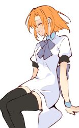 Rule 34 | 1girl, :d, ^ ^, arms at sides, black thighhighs, bob cut, bow, closed eyes, commentary, dress, floating hair, from side, hair between eyes, hashtag-only commentary, highres, higurashi no naku koro ni, open mouth, orange hair, profile, puffy short sleeves, puffy sleeves, purple bow, ryuuguu rena, short hair, short sleeves, simple background, sitting, smile, solo, suzuragi karin, thighhighs, white background, white dress, zettai ryouiki