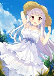Rule 34 | 1girl, :d, arm behind head, arm up, bare arms, bare shoulders, blue bow, blue sky, blush, bow, breasts, brown hat, cleavage, cloud, collarbone, commentary request, day, dress, frilled dress, frills, grey hair, hair bun, hand on headwear, hand up, hat, highres, layered dress, long hair, looking at viewer, medium breasts, ochinsama, open mouth, original, outdoors, red eyes, single side bun, sky, sleeveless, sleeveless dress, smile, solo, straw hat, very long hair, white dress