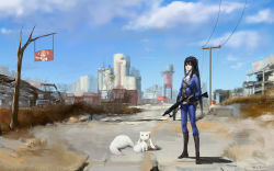 Rule 34 | 1girl, akemi homura, artist name, bare tree, belt, black footwear, black hair, blackrabbitsoul, blue sky, bodysuit, boots, breasts, broken, building, cloud, day, dual wielding, dust, fallout (series), fallout 4, gun, hair ribbon, handgun, highres, holding, holding gun, holding weapon, kaname madoka, knee boots, kyubey, legs apart, long hair, looking at viewer, mahou shoujo madoka magica, mahou shoujo madoka magica (anime), outdoors, parody, power lines, ribbon, rifle, shadow, sketch, sky, small breasts, standing, thumbs up, tree, utility pole, utility pole (object), very long hair, wallpaper, weapon