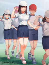 Rule 34 | 3boys, 3girls, a1 (initial-g), baseball cap, blue shorts, breasts, brown hair, commentary request, dancing, full body, gym shirt, gym uniform, hat, highres, holding hands, ichijou hotaru, large breasts, looking at breasts, medium hair, multiple boys, multiple girls, non non biyori, shirt, shoes, shorts, size difference, sneakers, solo focus, sports festival, twitter username