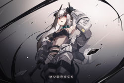 Rule 34 | 1girl, absurdres, arknights, black collar, black gloves, black panties, black sports bra, bodysuit, breasts, character name, chest sarashi, collar, cowboy shot, demon horns, elite ii (arknights), gloves, grey hair, highres, holding, holding weapon, horns, infection monitor (arknights), long hair, long sleeves, material growth, mudrock (arknights), mudrock (elite ii) (arknights), open bodysuit, open clothes, open mouth, oripathy lesion (arknights), panties, plabit, pointy ears, red eyes, sarashi, shaded face, sideboob, small breasts, solo, sports bra, underwear, very long hair, war hammer, weapon, white bodysuit