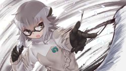 Rule 34 | 1girl, black gloves, chalk, commentary request, glasses, gloves, grey hair, grey sweater, hair between eyes, highres, japari symbol, kemono friends, kemono friends 3, long sleeves, meerkat (kemono friends), meerkat ears, multicolored hair, open mouth, short hair, solo, sweater, tadano magu, throwing, turtleneck, two-tone hair, two-tone sweater, upper body, wind, yellow eyes