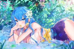 Rule 34 | 1girl, alracoco, bare arms, bare shoulders, blouse, blue hair, blue nails, blue skirt, blush, breasts, cleavage, earrings, flower, grass, hair between eyes, hair flower, hair ornament, hairclip, jewelry, lace, lace-trimmed panties, lace trim, large breasts, light particles, lily pad, long hair, looking at viewer, mole, mole on breast, mole under eye, nail polish, original, panties, parted lips, partially submerged, ribbon, ring, shirt, sidelocks, skirt, sleeveless, sleeveless shirt, solo, sparkle, underwear, wet, wet clothes, white panties, white shirt, yellow lips, yellow ribbon