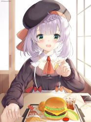 Rule 34 | 1girl, :d, artist name, bad id, bad pixiv id, beret, blush, bow, braid, breasts, burger, chintora0201, commentary, english commentary, fast food, food, french fries, genshin impact, green eyes, hat, highres, holding, holding food, holding hands, ice, ice cube, iced tea, incoming food, indoors, jewelry, kfc, long sleeves, looking at viewer, medium hair, noelle (genshin impact), noelle (kfc) (genshin impact), open mouth, plate, purple hair, red bow, ring, shirt, short hair, sitting, smile, solo, table, teeth, upper teeth only